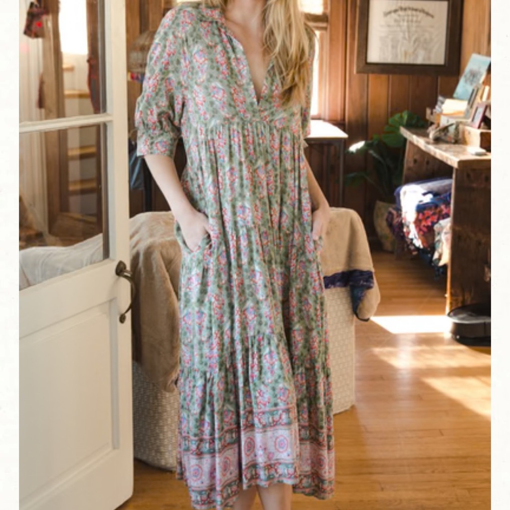 NATURAL LIFE Green Floral Midi Dress with Pink Details